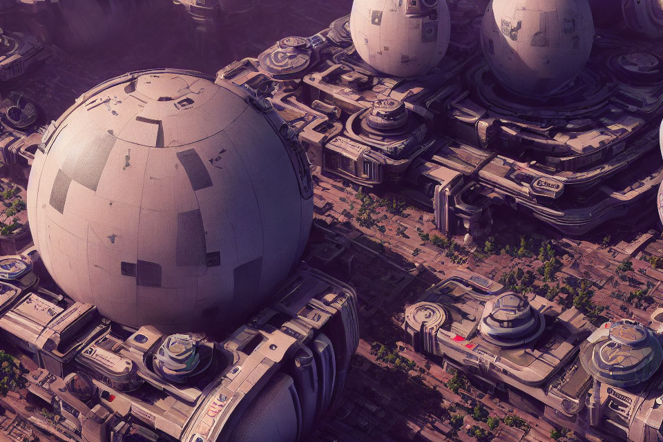 Futuristic cityscape with spherical structures and intricate urban design