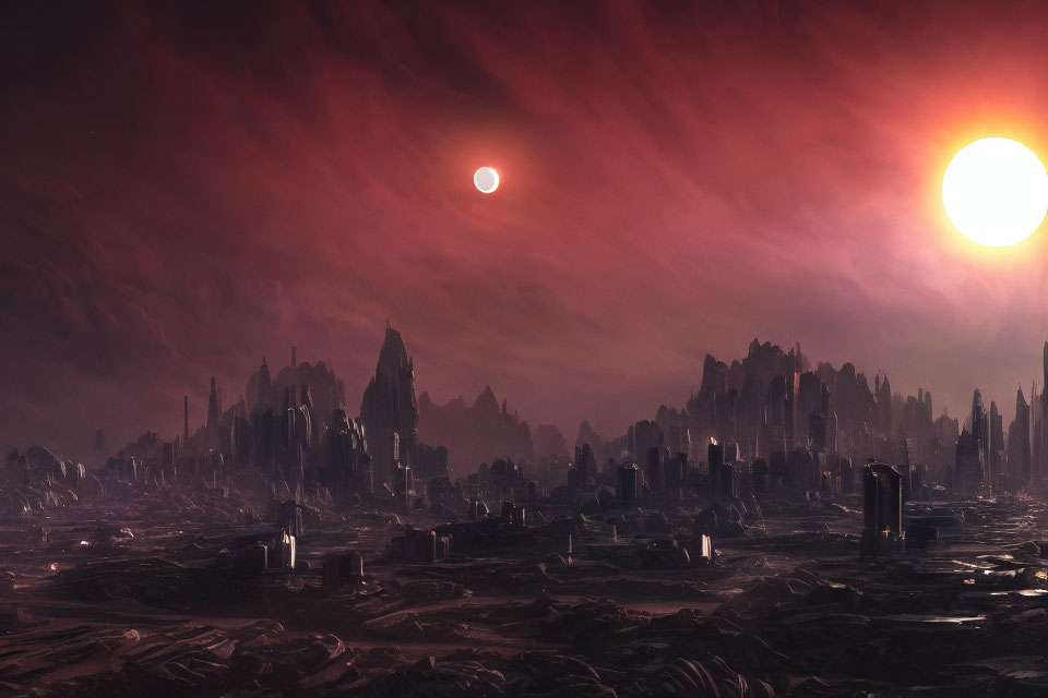 Futuristic alien landscape with red sky, dual suns, towering rocks, and modern structures