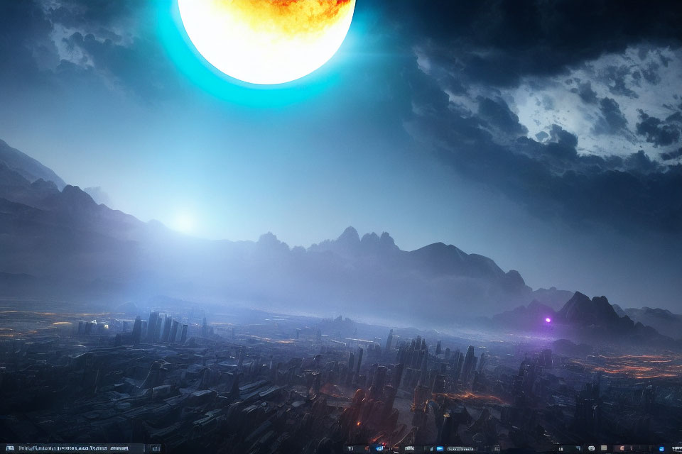 Futuristic cityscape with towering skyscrapers and celestial body