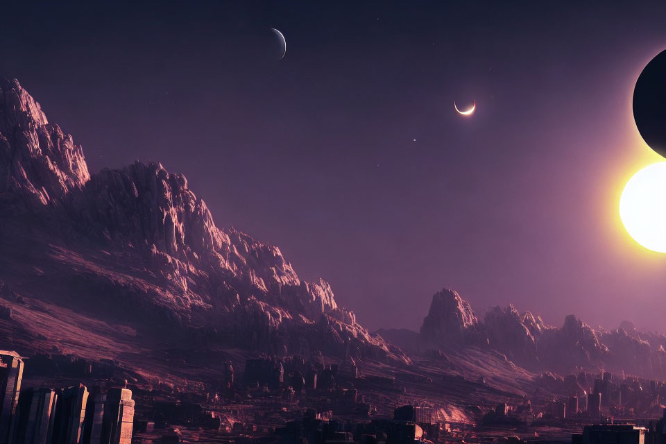 Futuristic cityscape with towering structures and celestial bodies under a purple sky