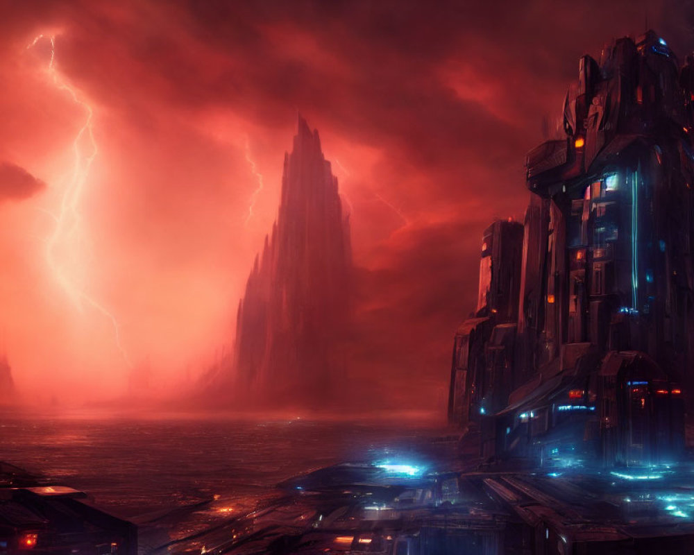 Dystopian sci-fi landscape with dark structures under stormy red sky