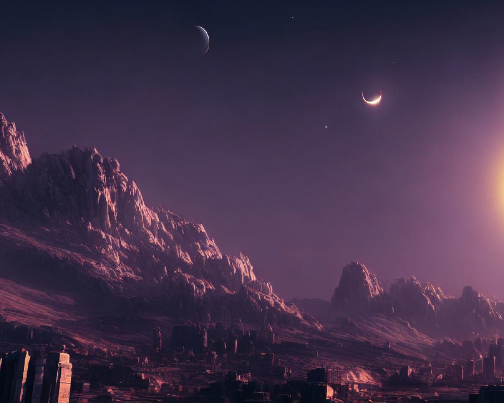 Futuristic cityscape with towering structures and celestial bodies under a purple sky