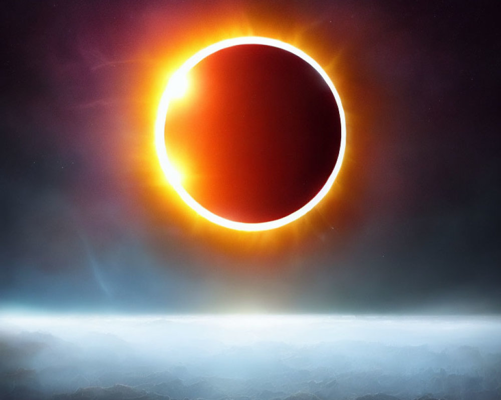 Digital artwork: Solar eclipse with glowing corona in dark, cloudy skies above rugged landscape