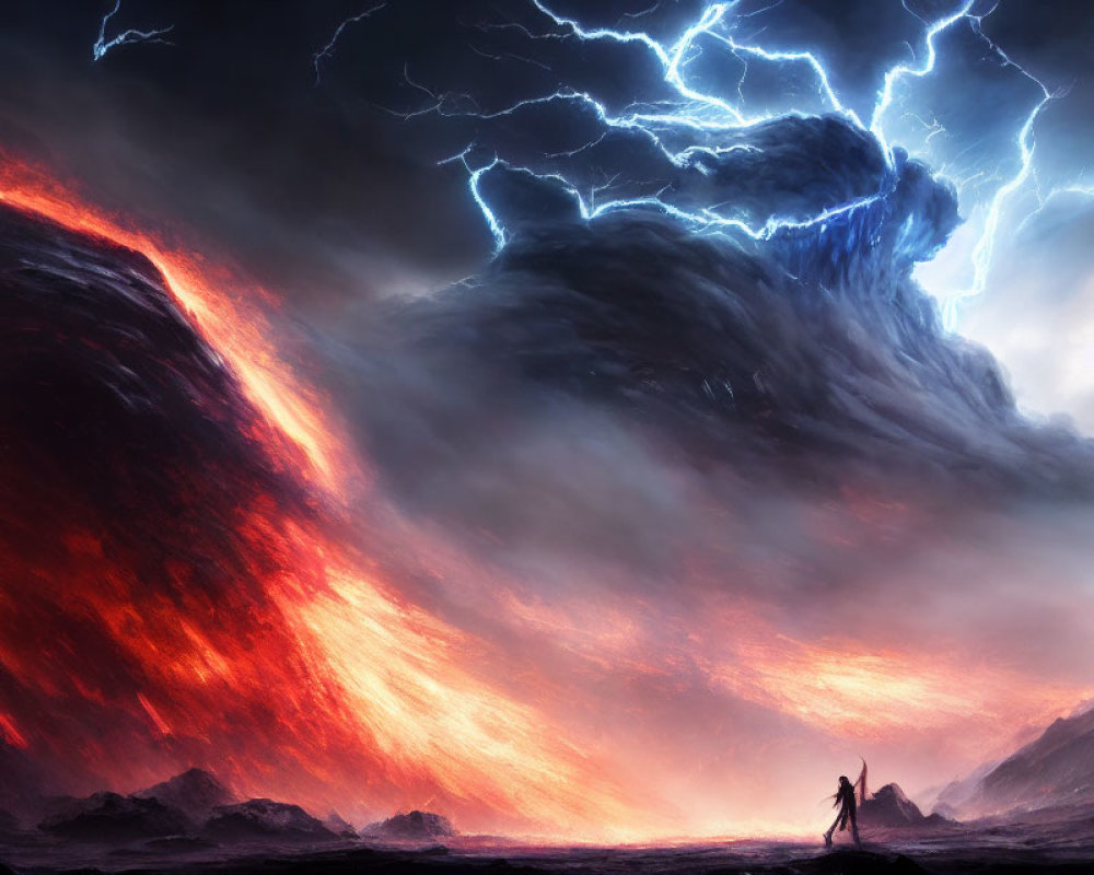 Lone figure in fiery sky with electric blue lightning