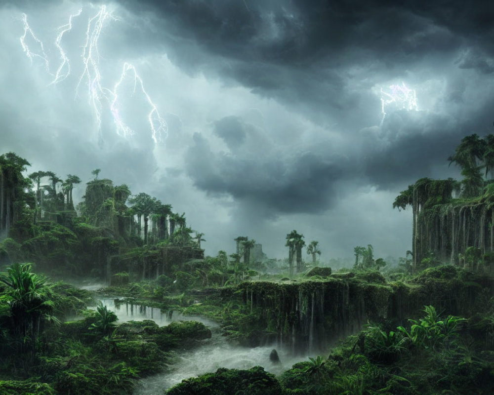 Mystical jungle with towering trees, stormy sky, lightning, and fog-covered river.