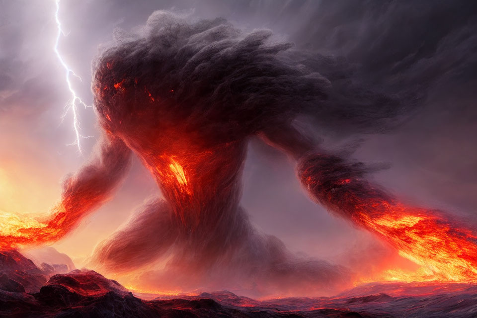 Dramatic volcanic eruption with lightning bolt and glowing lava