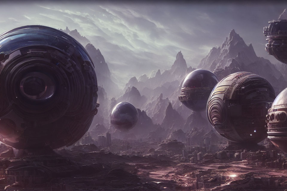 Sci-fi landscape with floating spherical structures and jagged mountains