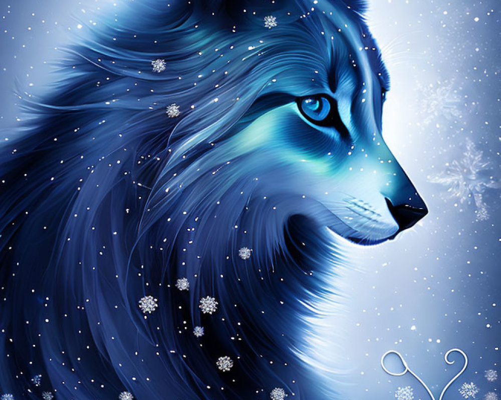 Mystic blue wolf with striking eyes in snowy starry scene