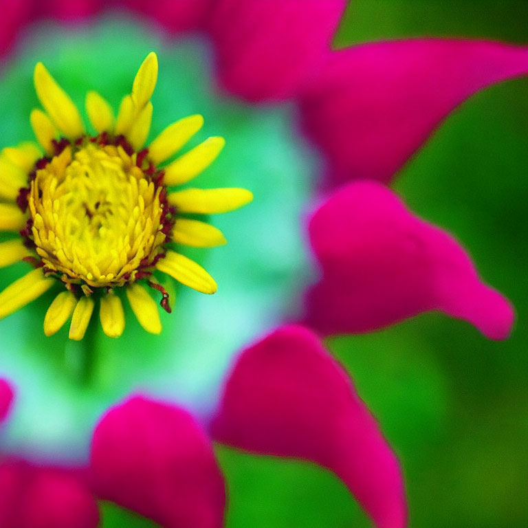 Colorful close-up of yellow and magenta flower on green backdrop