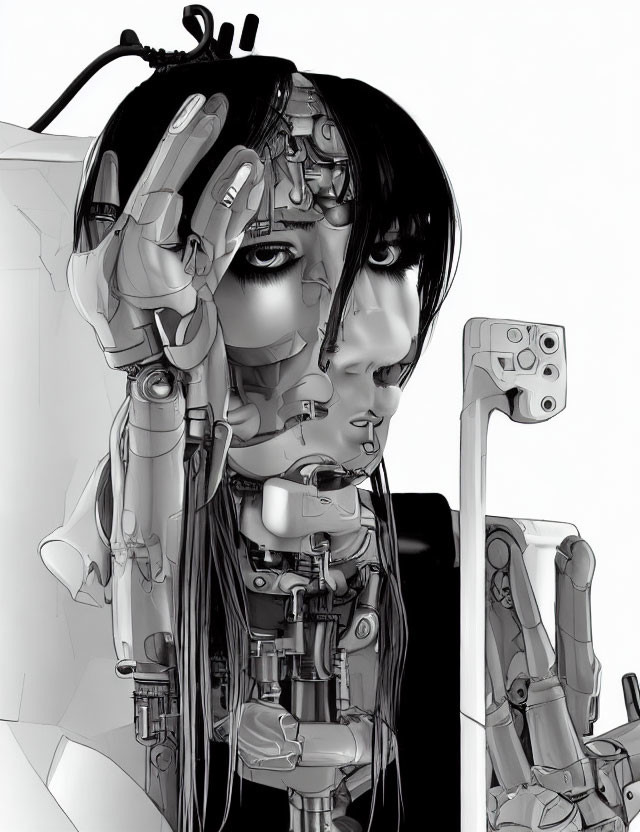 Detailed Monochromatic Image of Cybernetic Female Figure with Mechanical Enhancements