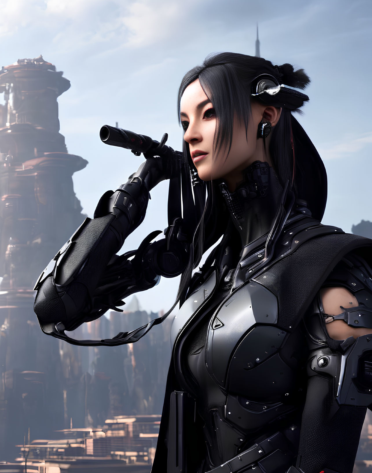 Futuristic female warrior in black armor with cybernetic arm and sniper rifle in high-tech city