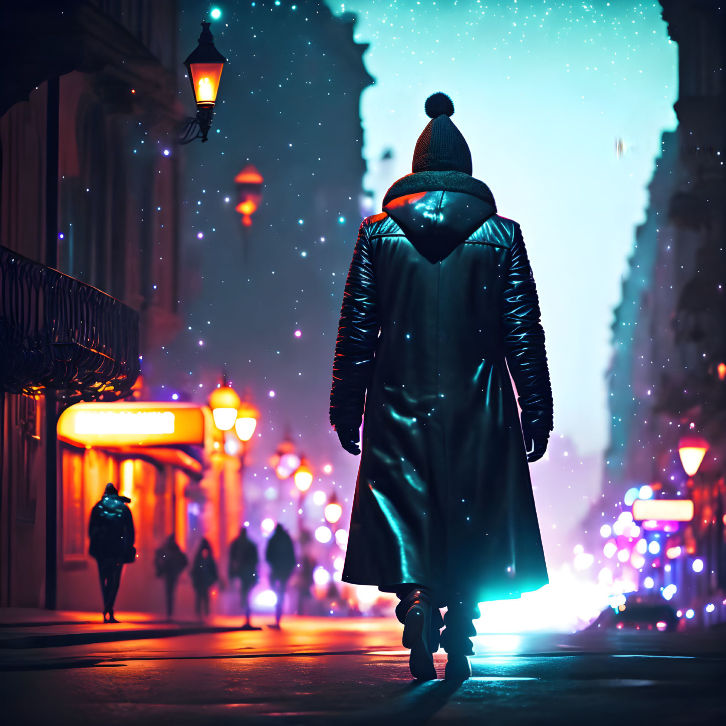 Person in winter coat walks city street at night with snowfall