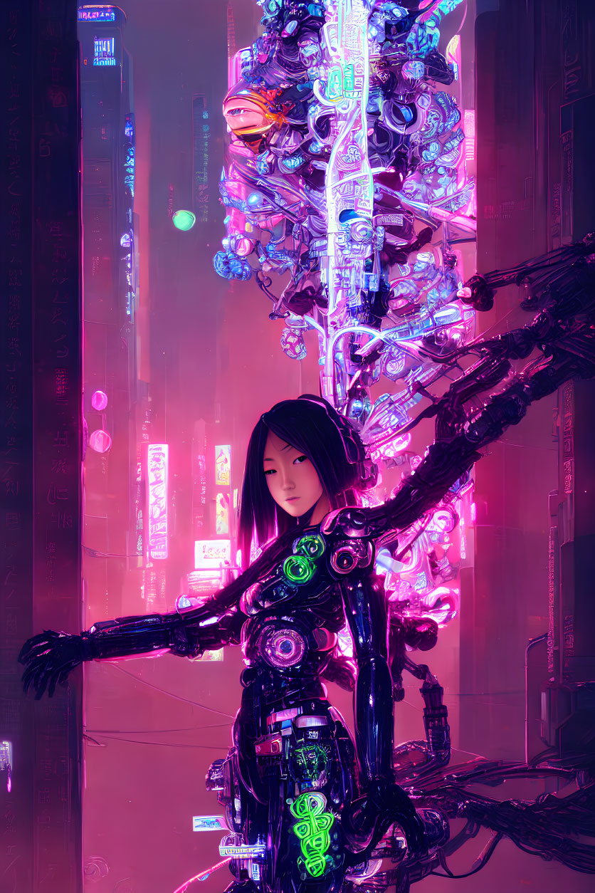 Futuristic cybernetic girl in neon-lit cityscape with robotic arms.