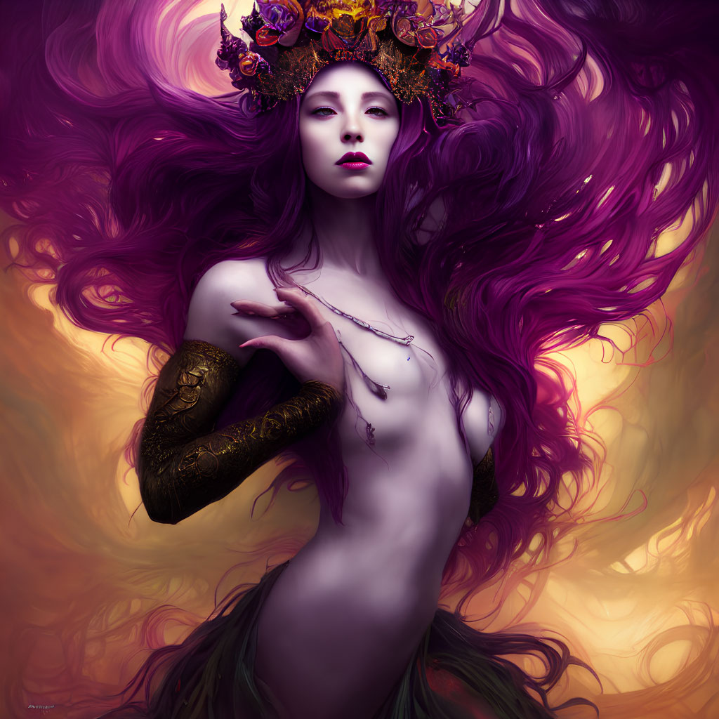Fantasy artwork: Woman with purple hair and ornate headgear on violet-gold backdrop