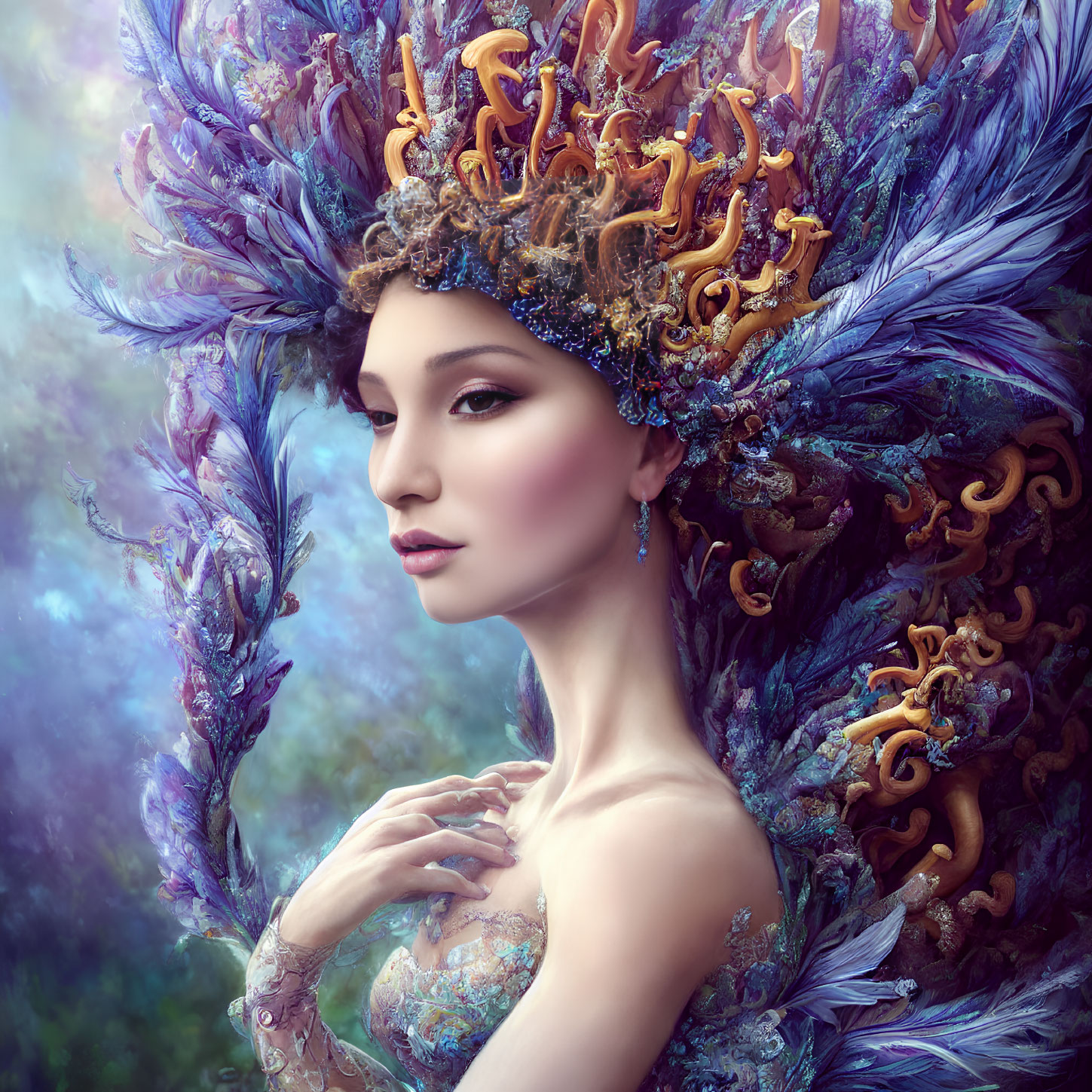 Intricate vibrant headpiece on serene woman against blue background