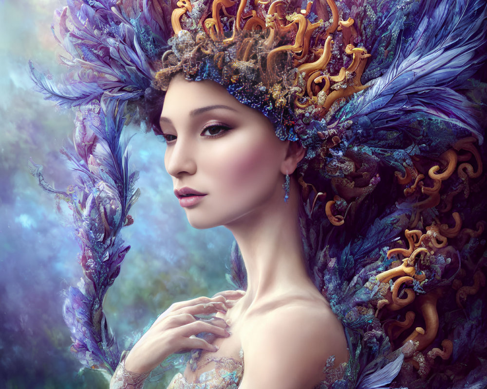 Intricate vibrant headpiece on serene woman against blue background
