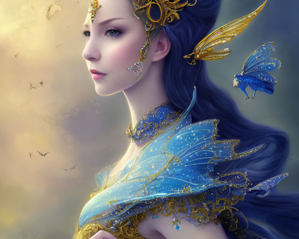 Fantasy illustration of elegant woman with golden crown and blue-winged fairy.