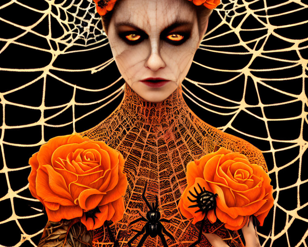 Woman with Skull Makeup and Floral Headpiece Holding Orange Roses on Spiderweb Background