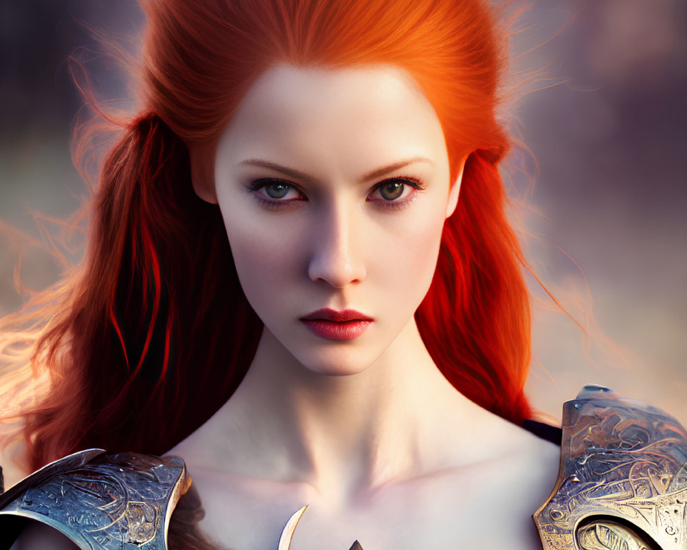 Striking red-haired woman in ornate armor against soft natural backdrop