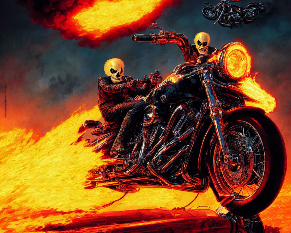 Skull-headed figures on flaming motorcycle with airborne bike
