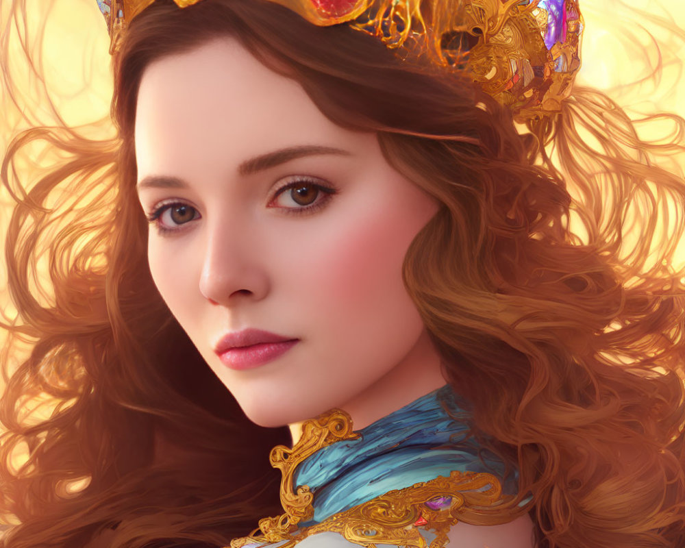 Auburn-haired woman wearing gold crown with red gemstones