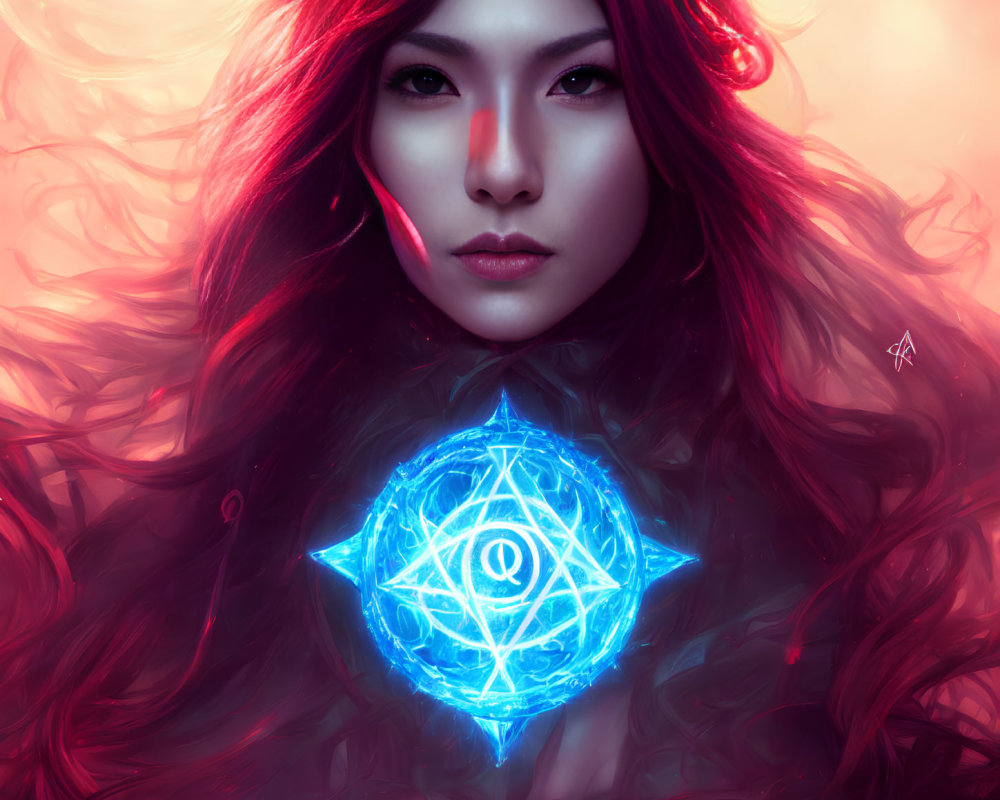 Digital artwork: Woman with flowing red hair and mystical symbol, intense eyes with red mark.