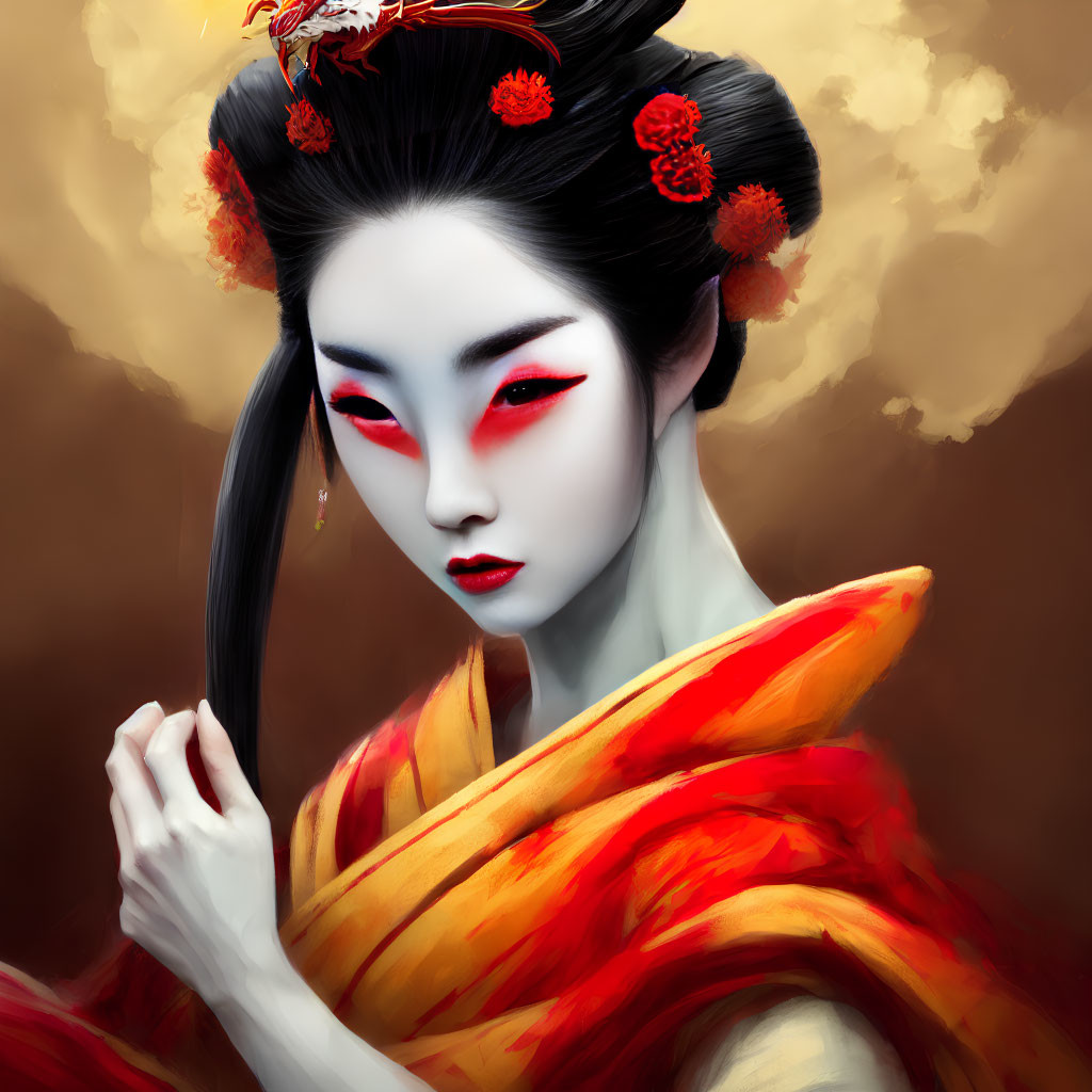 Pale-skinned woman with red eye makeup and dark hair adorned with red flowers in warm-toned illustration
