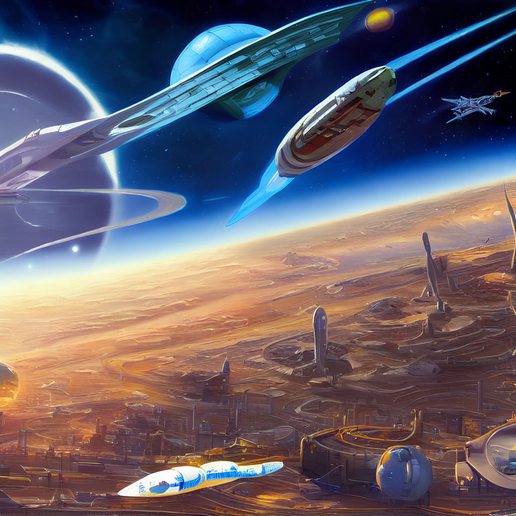 Futuristic sci-fi scene with spaceships over alien city