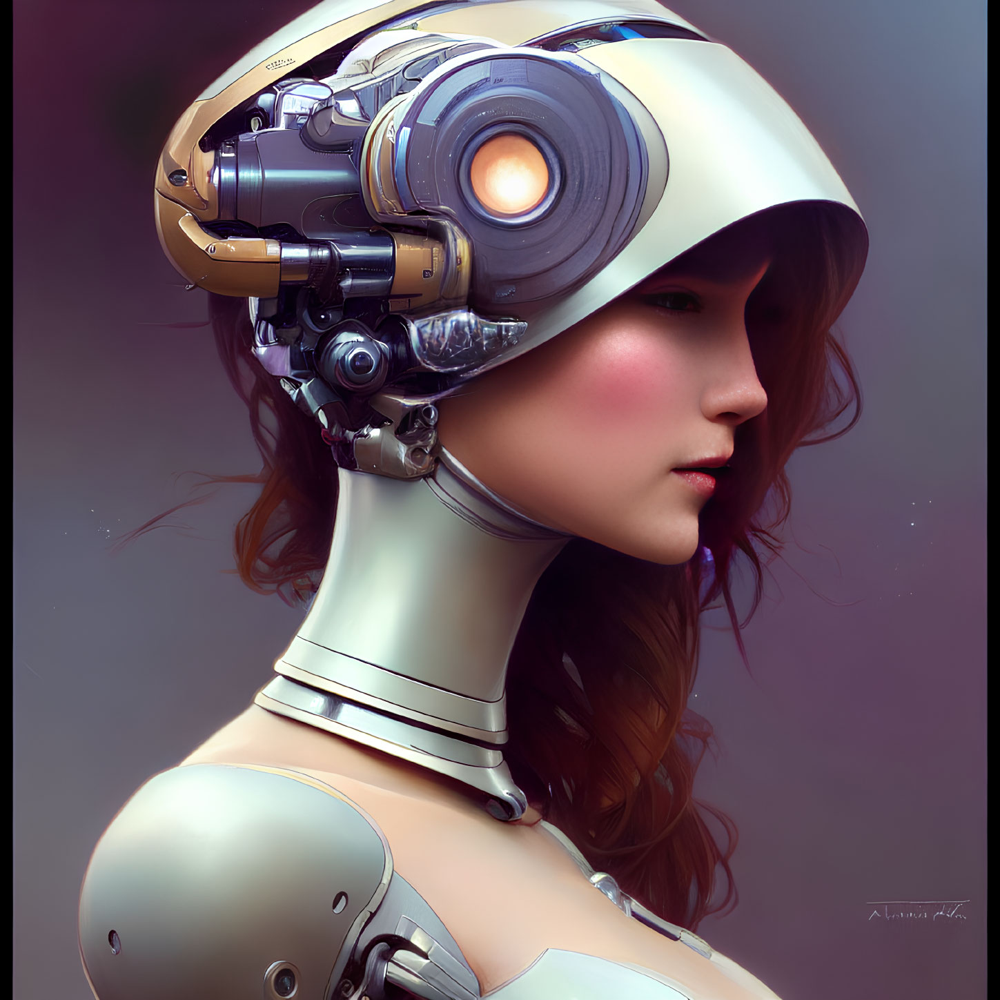 Female android portrait with advanced orange helmet on muted background