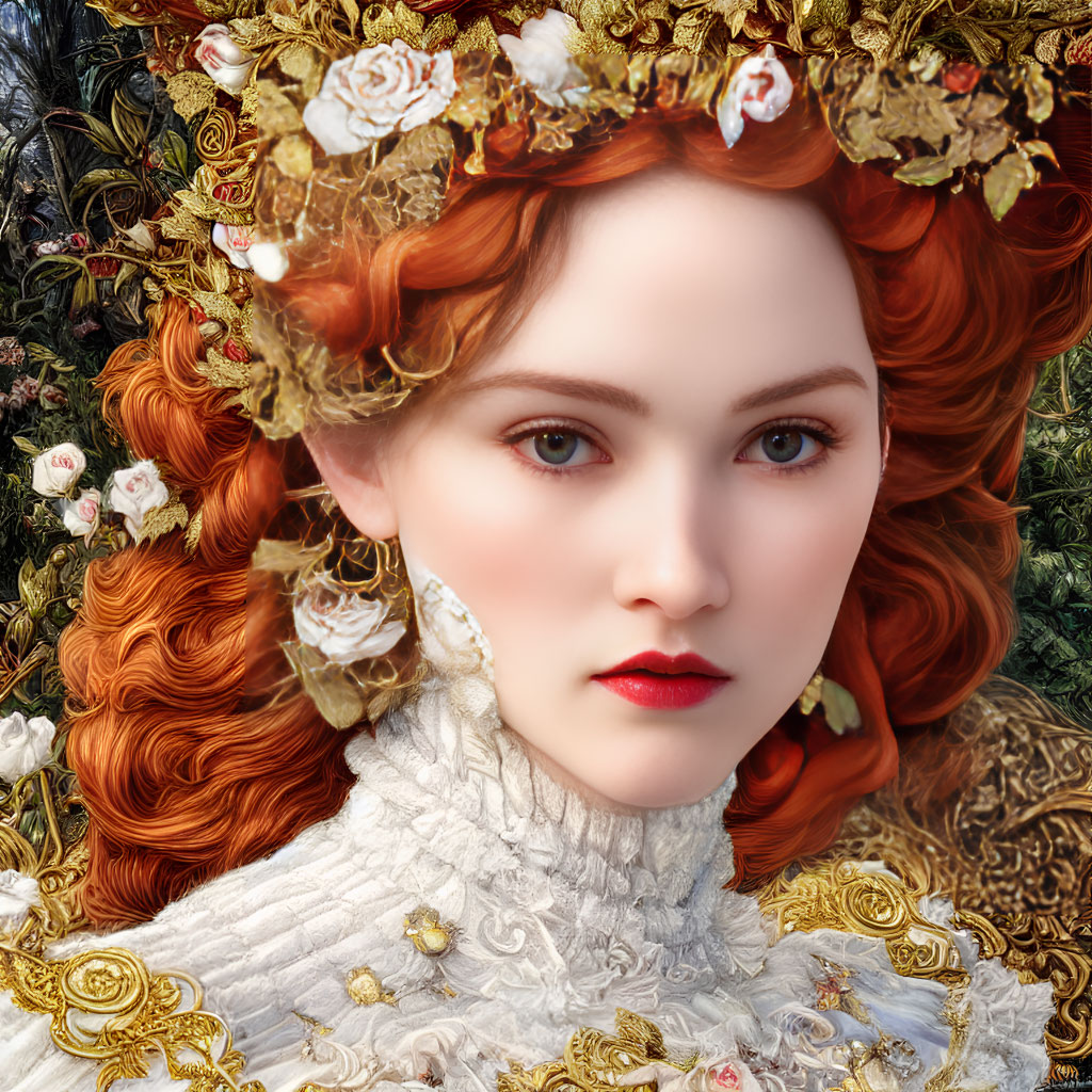 Portrait of Woman with Red Hair and Floral Crown Against Rose Backdrop