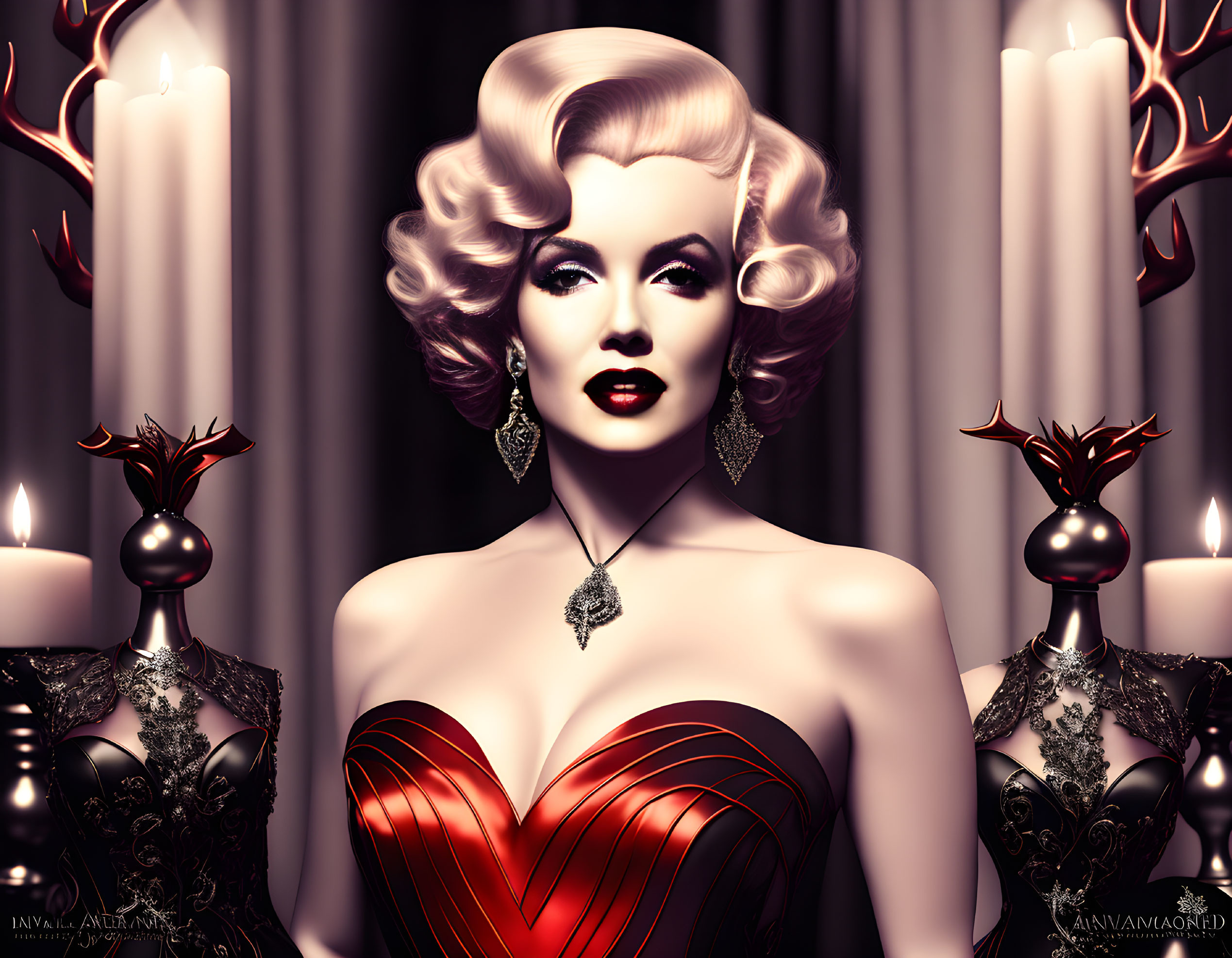 Glamorous woman in vintage hairstyle and red dress with candles and ornate holders.