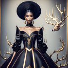 Luxurious black and gold dress with ornate headdress and golden stag in baroque-style decor