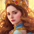 Auburn-haired woman wearing gold crown with red gemstones