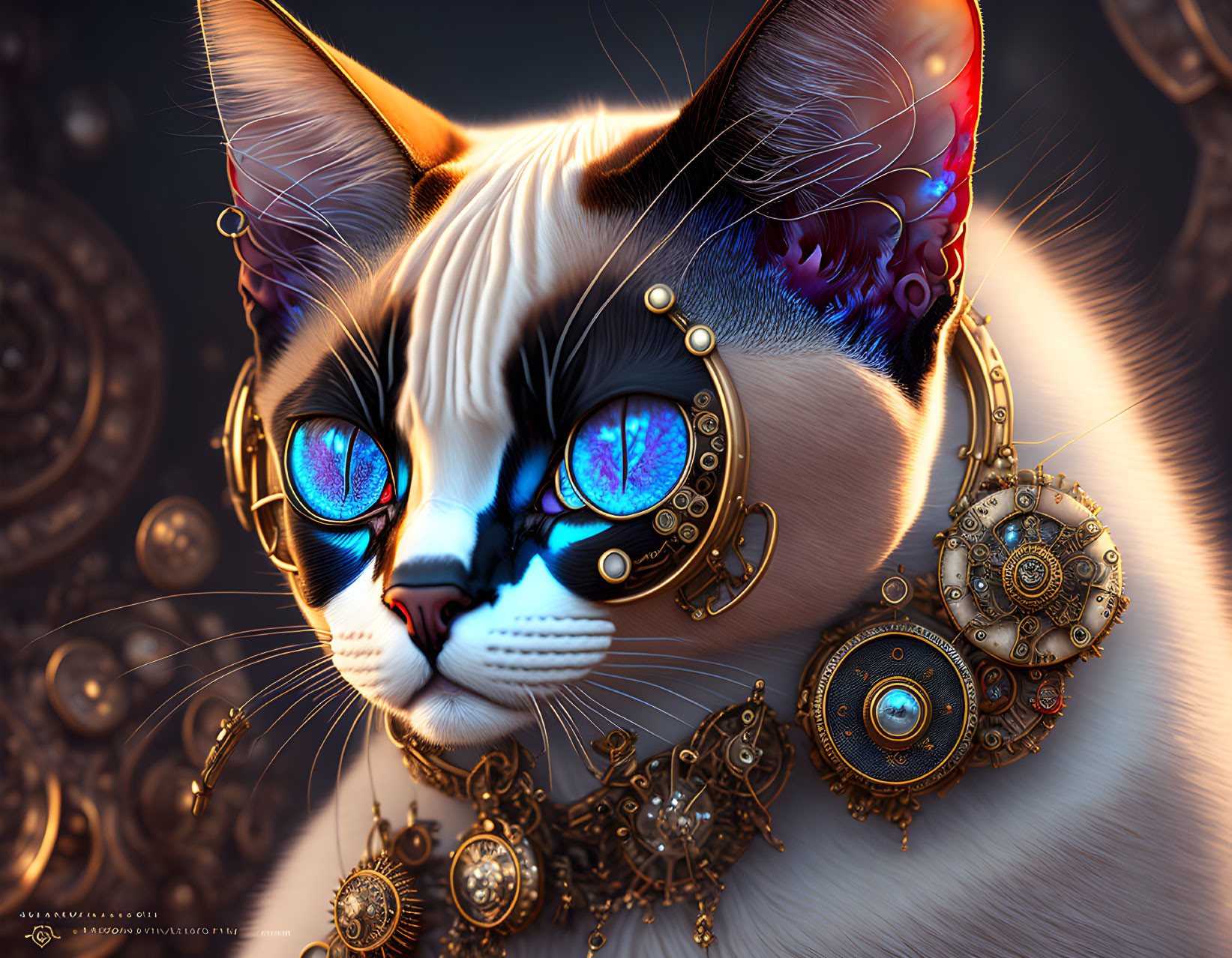 Steampunk-Inspired Cat Artwork with Brass Goggles and Blue Eyes