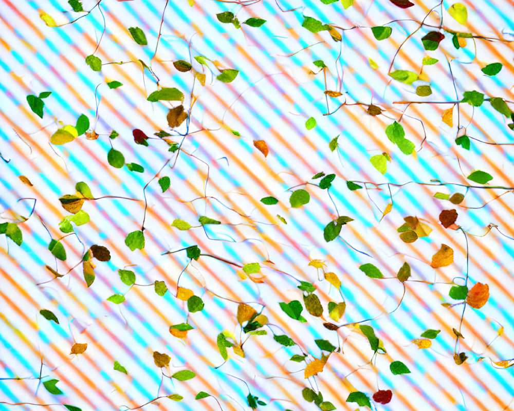 Vibrant natural pattern with colorful leaves and vines on blue and white background