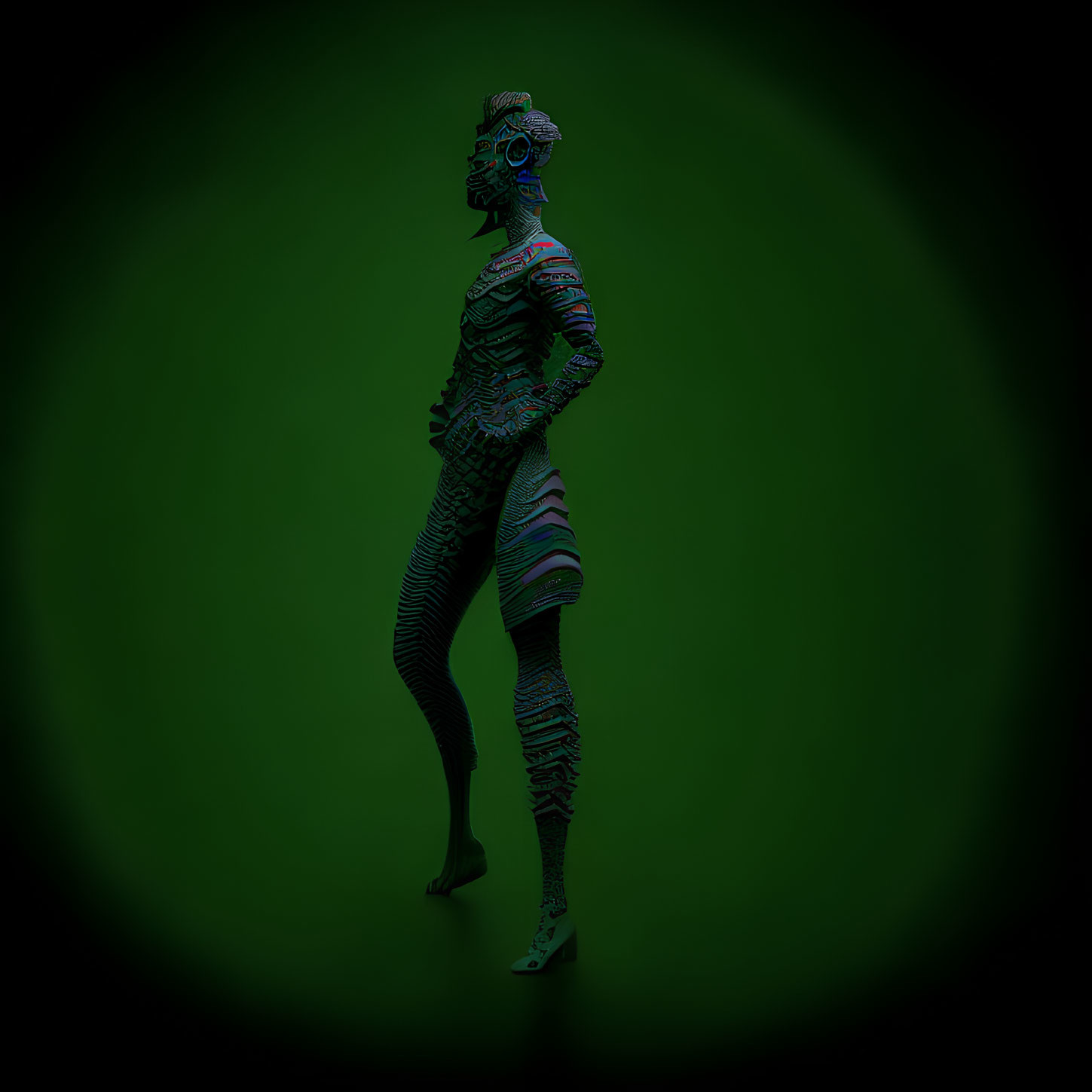 Intricate digital circuit patterns on figure against green background