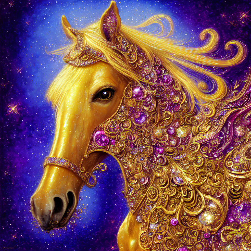 Majestic horse with golden mane and ornate bridle on starry night sky.