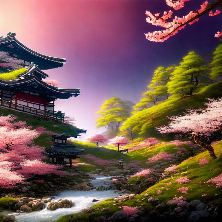 Asian architecture with cherry blossoms, stream, and colorful sky