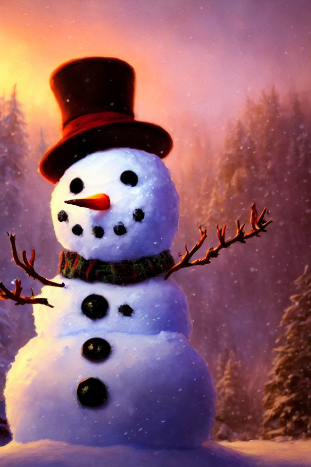 Cheerful snowman with top hat and scarf in winter forest twilight