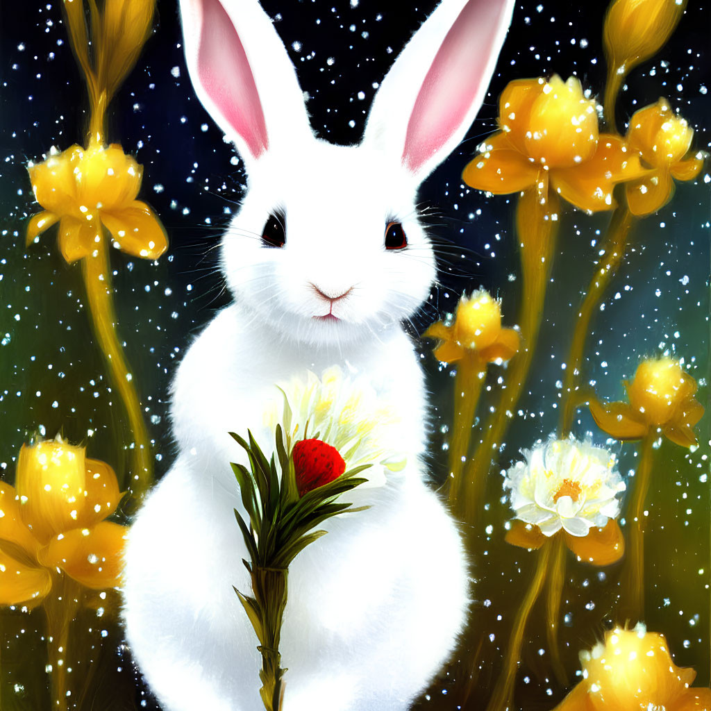 White Rabbit with Flower Surrounded by Glowing Yellow Blooms on Starry Night