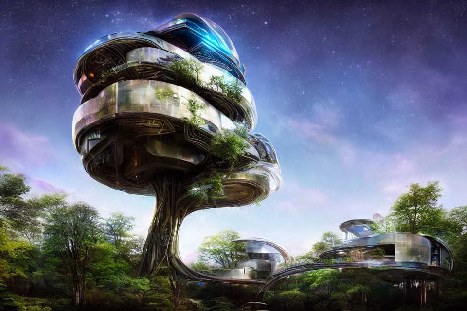 Futuristic tree-like architecture in glass amidst verdant forest