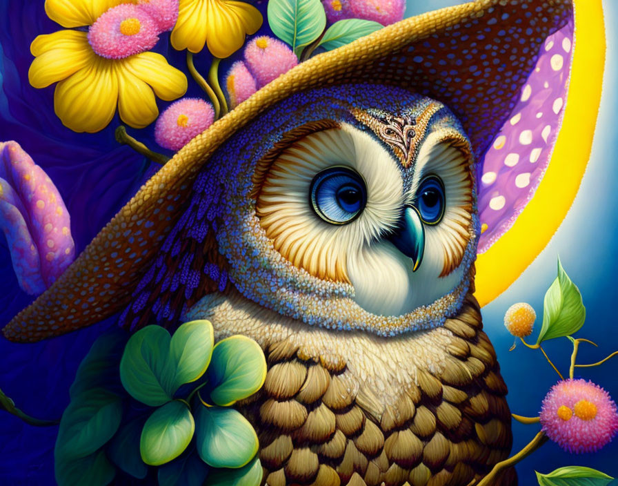 Colorful Owl with Flower Hat on Blue and Yellow Background