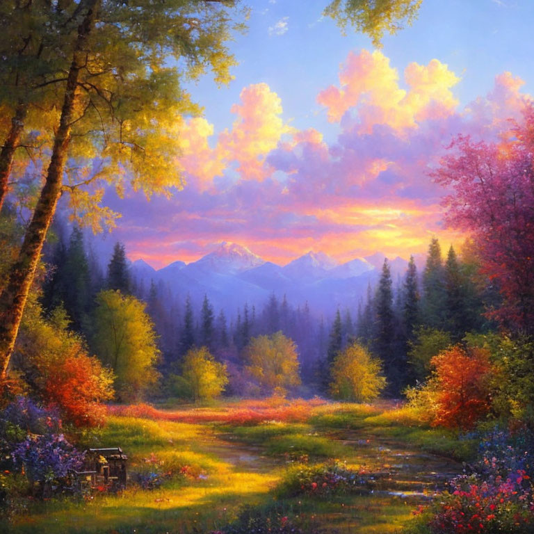 Colorful Sunset Landscape Painting with Mountains, Flower-lined Path, and Autumn Trees