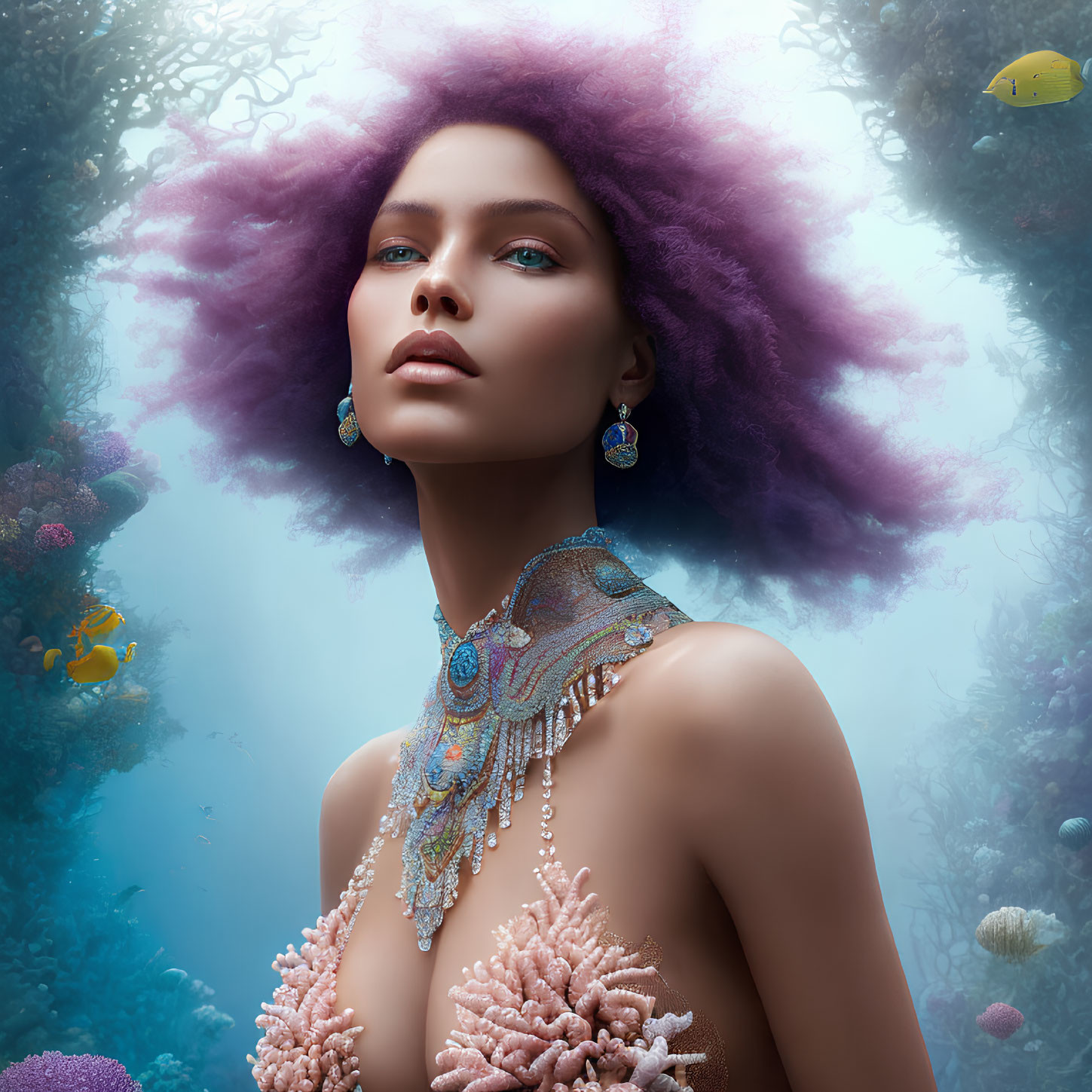 Violet-haired woman in underwater scene with fish and coral necklace