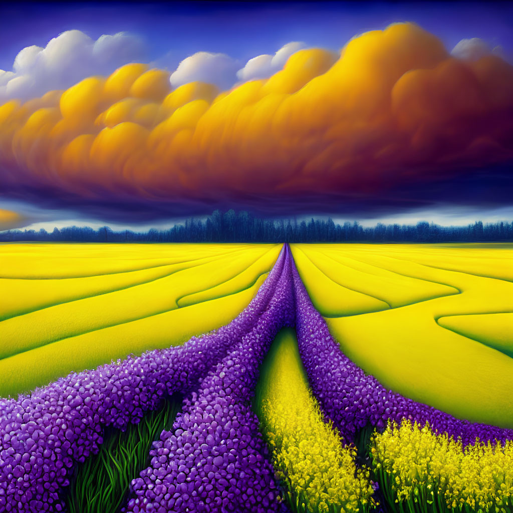 Symmetrical purple and yellow flower fields under dramatic orange sky