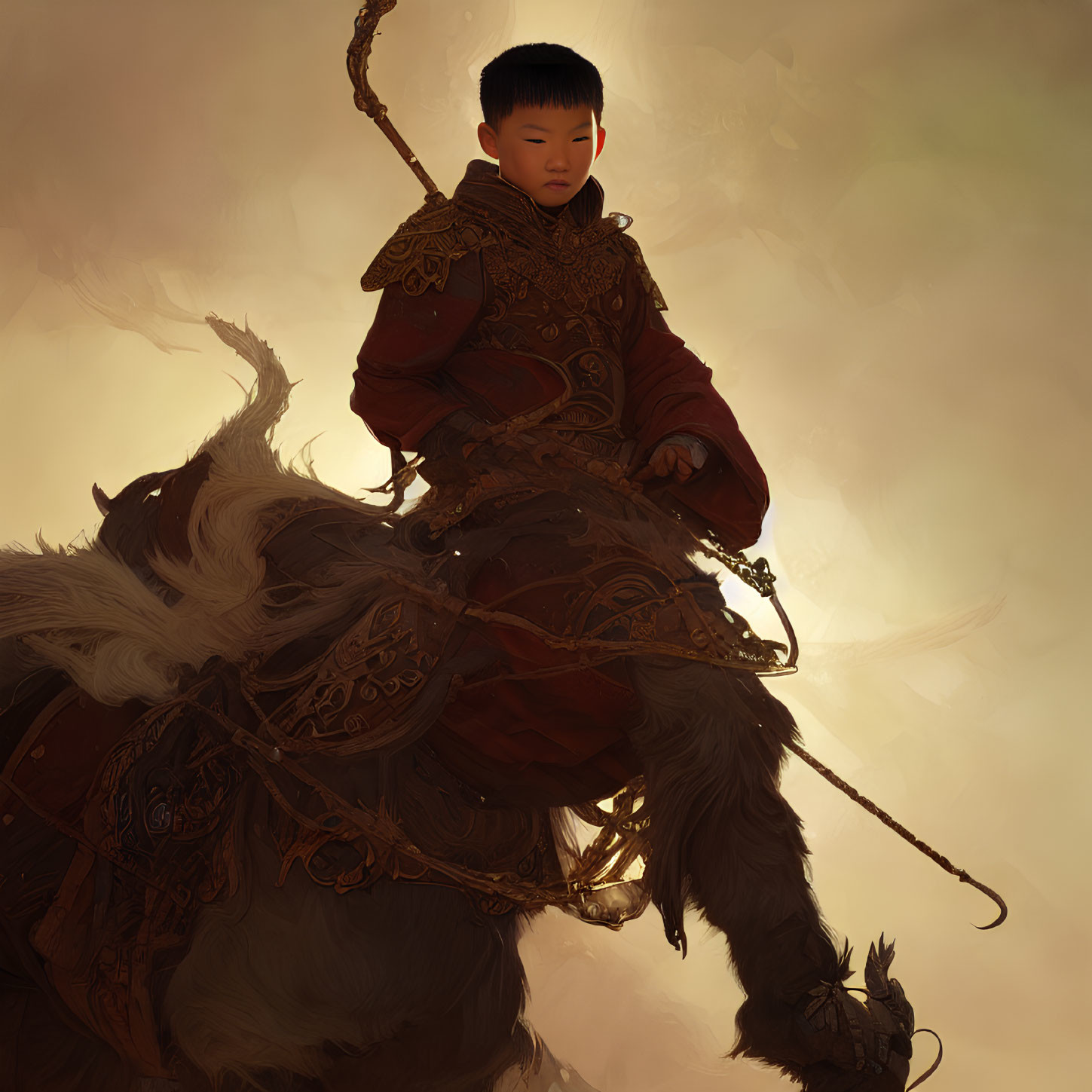 Young boy in red armor on furry creature in misty environment