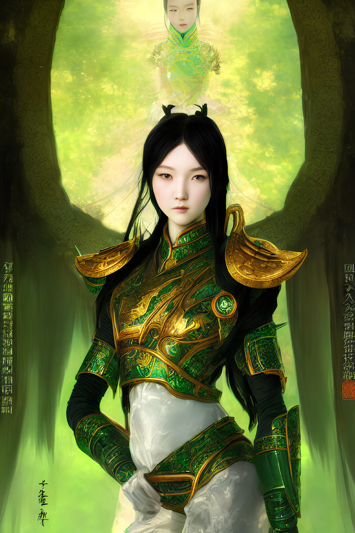 Digital illustration of woman in green-and-gold armor in mystical forest with script and smaller figure.