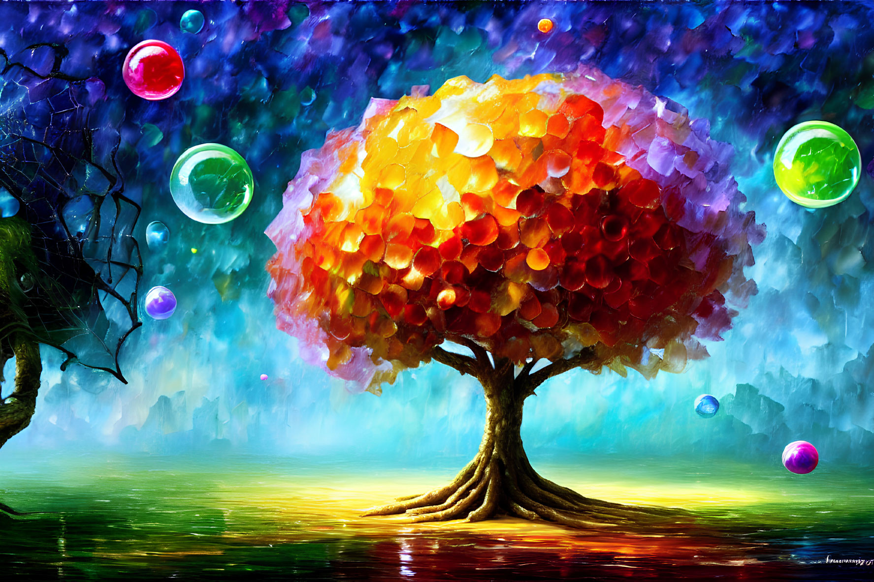 Colorful Fantasy Landscape with Vibrant Tree and Luminous Bubbles