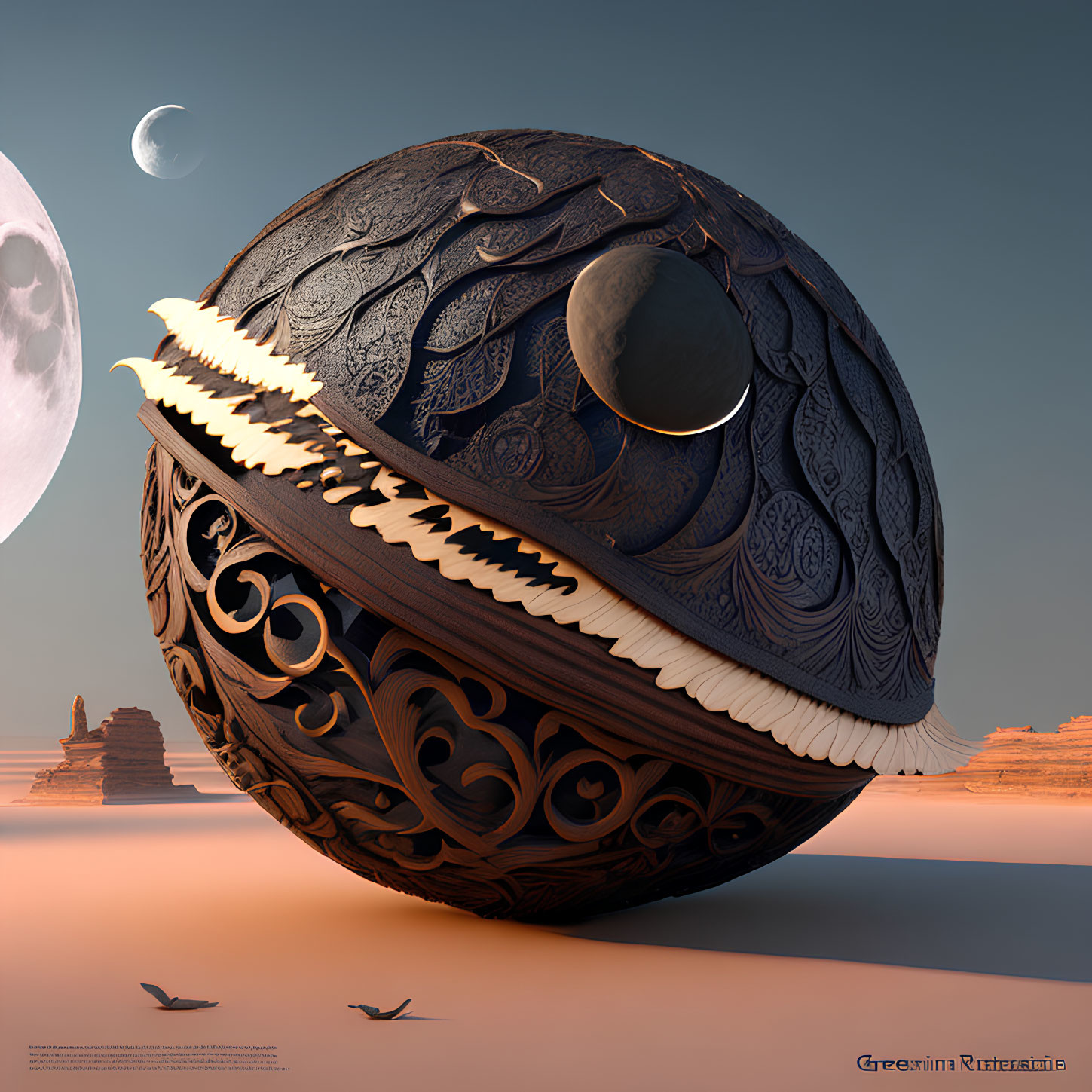 Ornate split sphere with desert backdrop and crescent moon
