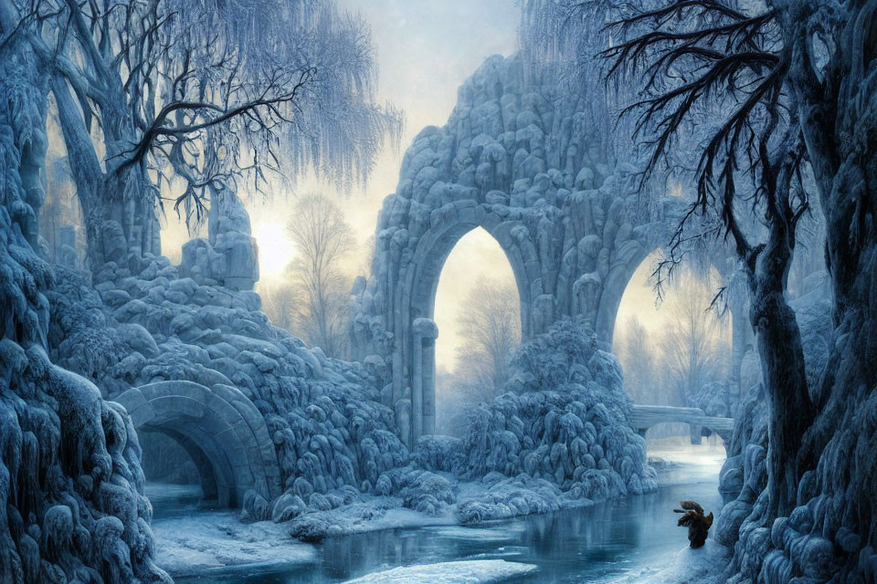 Snow-covered stone arches, frozen river, person crossing in mystical winter landscape